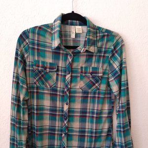 Plaid button down with roll tab sleeves